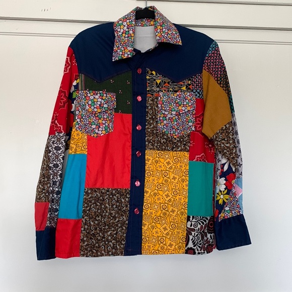 Vintage Western Art Soft Casual Contrasting Colors Patchwork T-Shirt